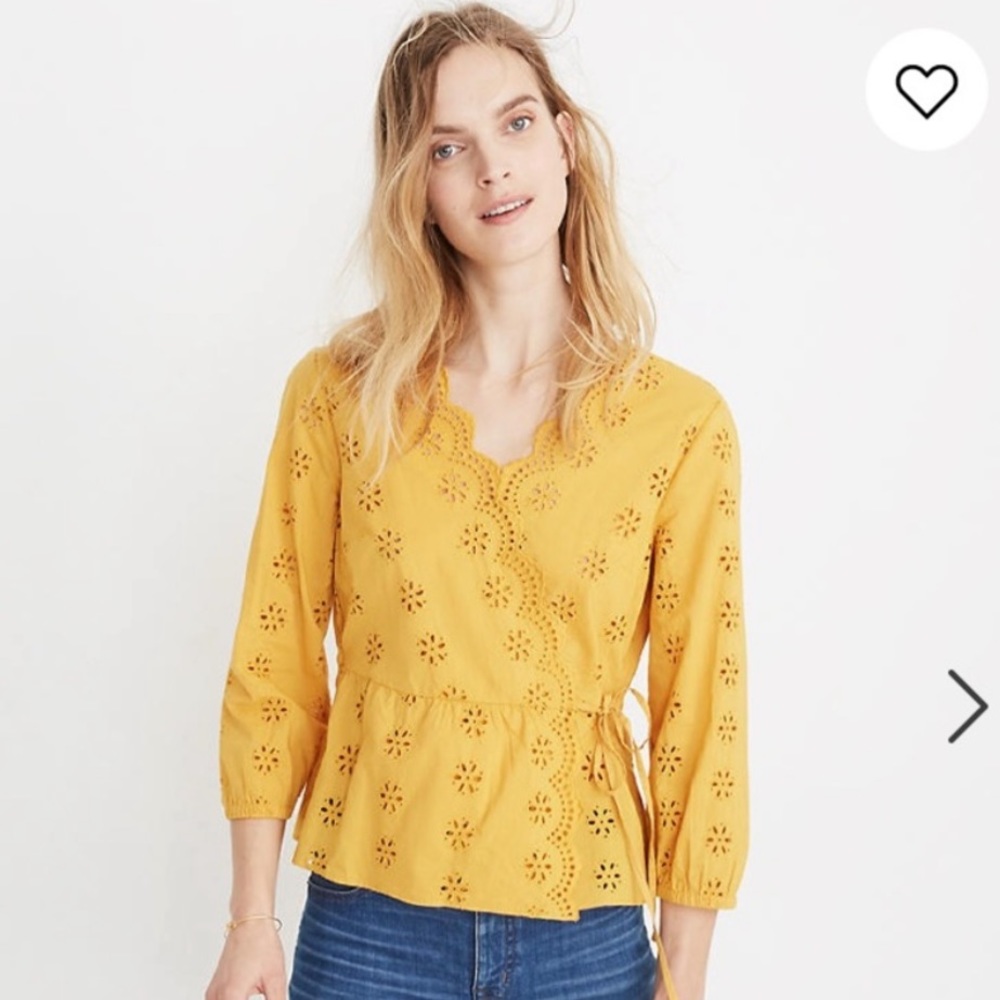 Madewell Mustard Scalloped Eyelet Wrap Top